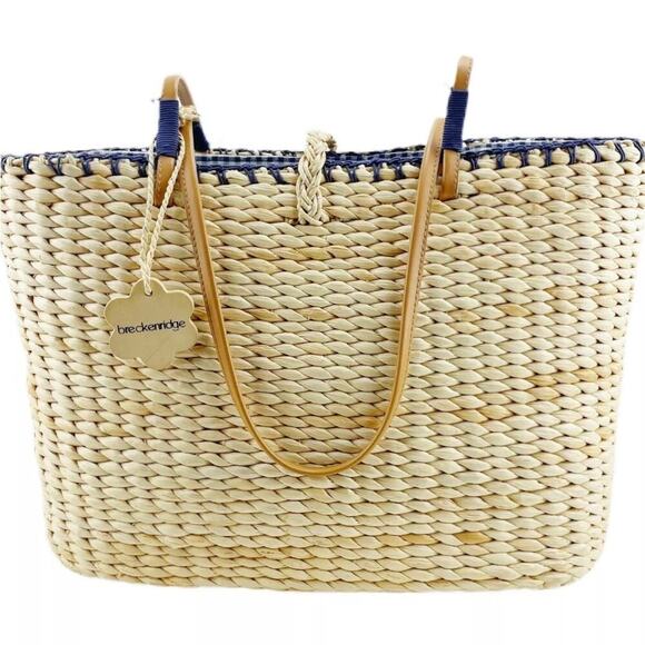 Breckenridge Straw Tote Bag Purse Blonde Wicker Picnic Blue Check Teacup Bee - Picture 5 of 10